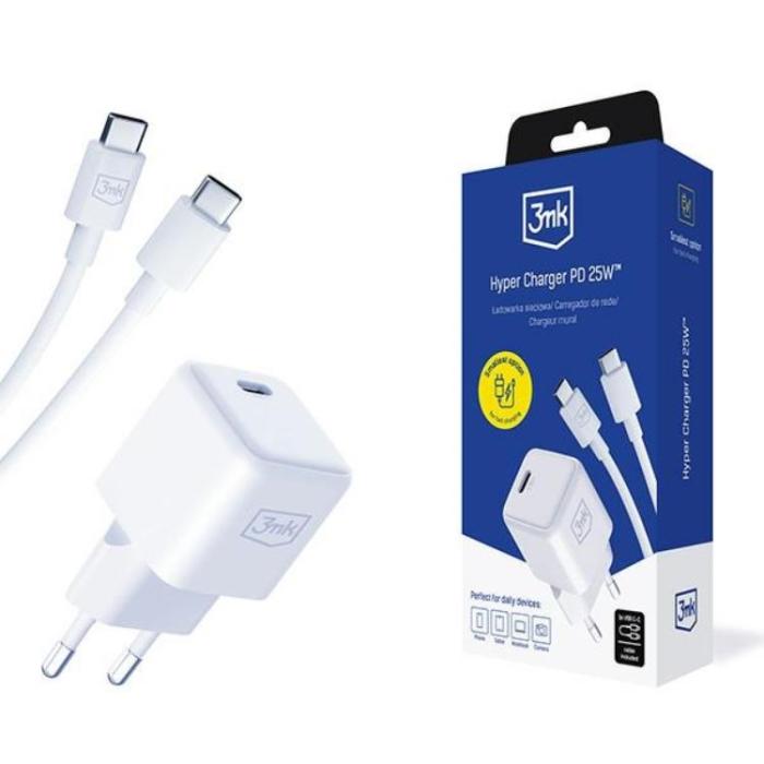 3MK - 3MK Snabbladdare 25W 1xUSB-C med USB-C Kabel Hyper - Vit