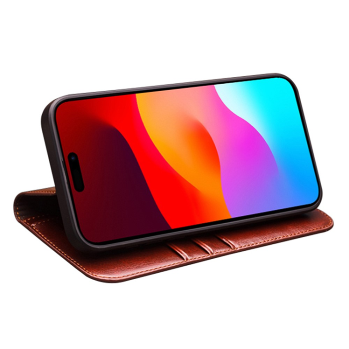 QIALINO - Qialino iPhone 15 Plånboksfodral Äkta Läder Cowhide - Brun