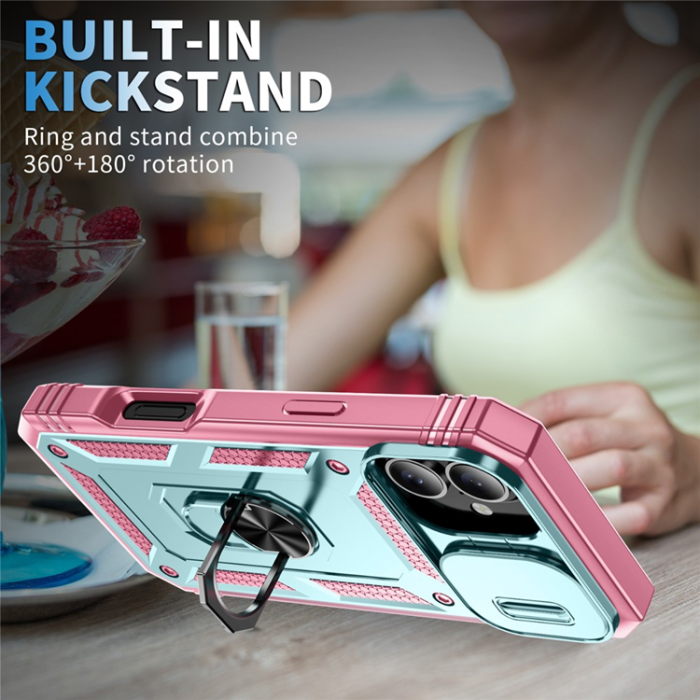 A-One Brand - iPhone 17 Mobilskal Slide Camshield Kickstand - Grön/Rosa