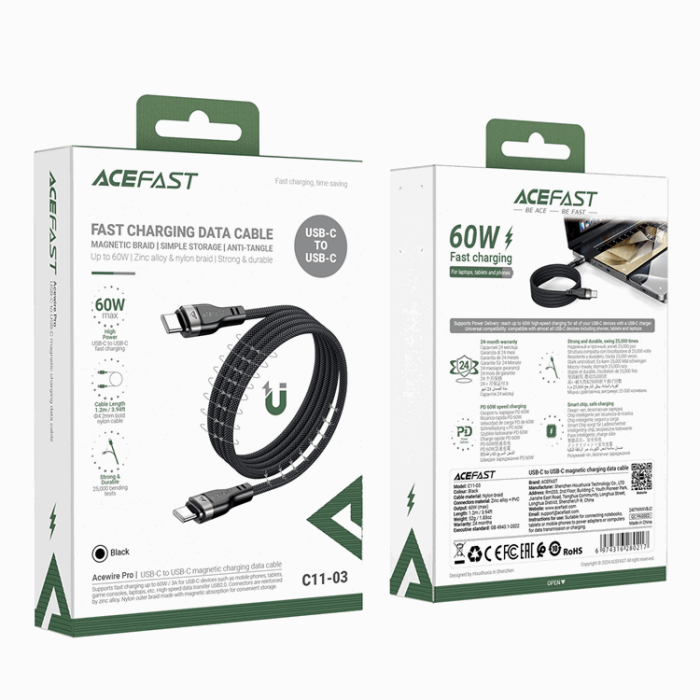 Acefast - Acefast 3in1 USB-C - USB-C 480Mb/s 100W 1.2m Kabel - Svart