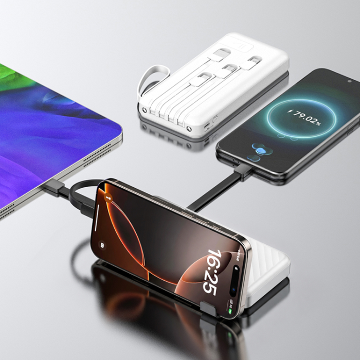 Wozinsky - Wozinsky Powerbank W11-B 10000mAh 10W med Inbyggda Kablar - Vit