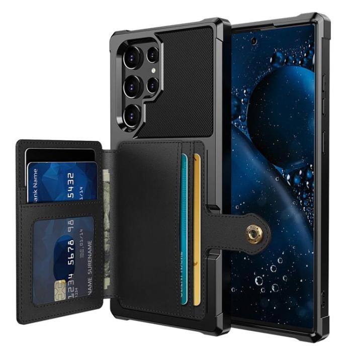 A-One Brand - Läder Korthållare Skal Galaxy S22 Ultra 5G - Svart