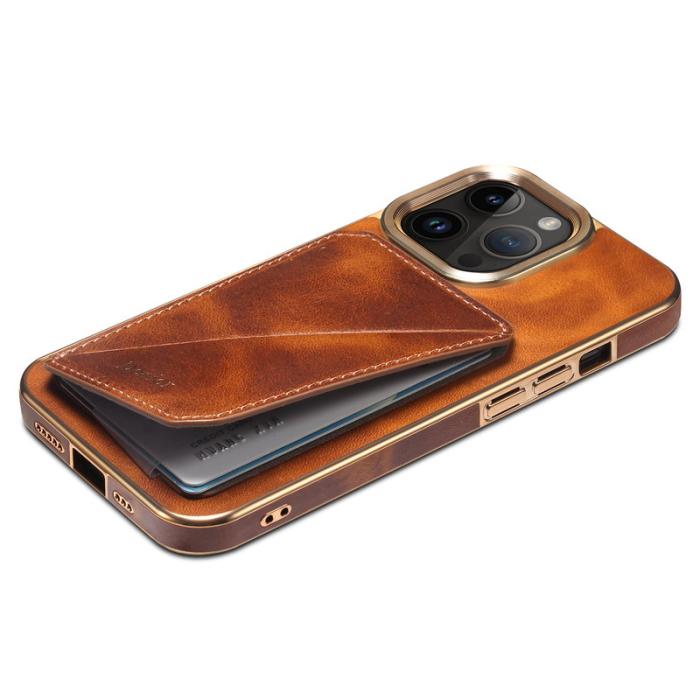 DENIOR - DENIOR Mobilskal till iPhone 12 Pro Max Kortfack Ställ Waxy Äkta Läder Brun
