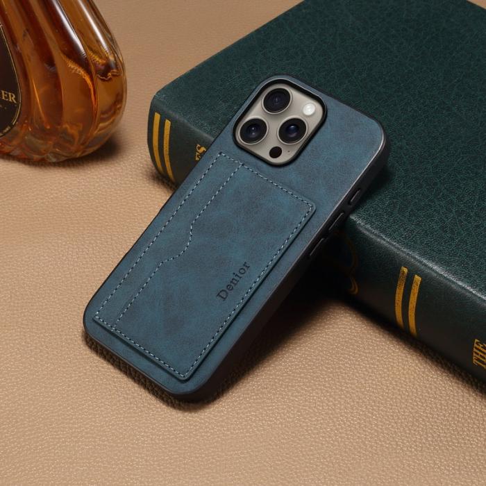 DENIOR - DENIOR iPhone 16 Pro Max Fodral Kortfack Ställ Retro Konstläder Blå
