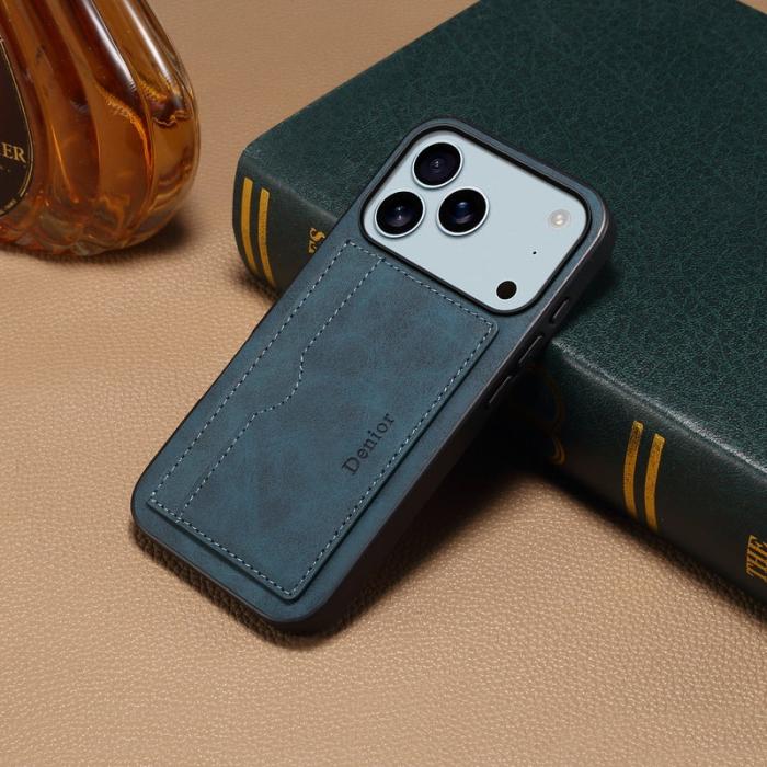 DENIOR - DENIOR iPhone 17 Pro Fodral Kortfack Ställ i Konstläder - Blå