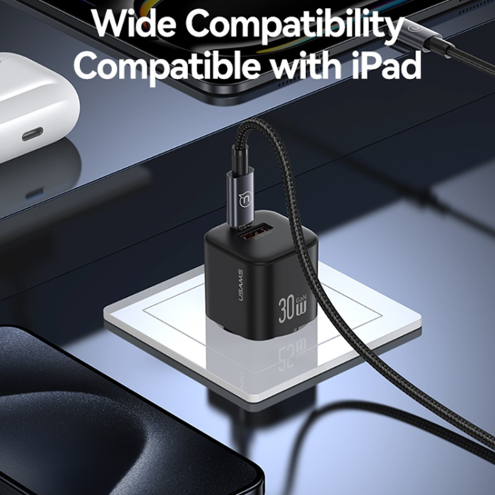 USAMS - USAMS GaN Snabbladdare USB-A - USB-C 30W CC263 Mini - Svart