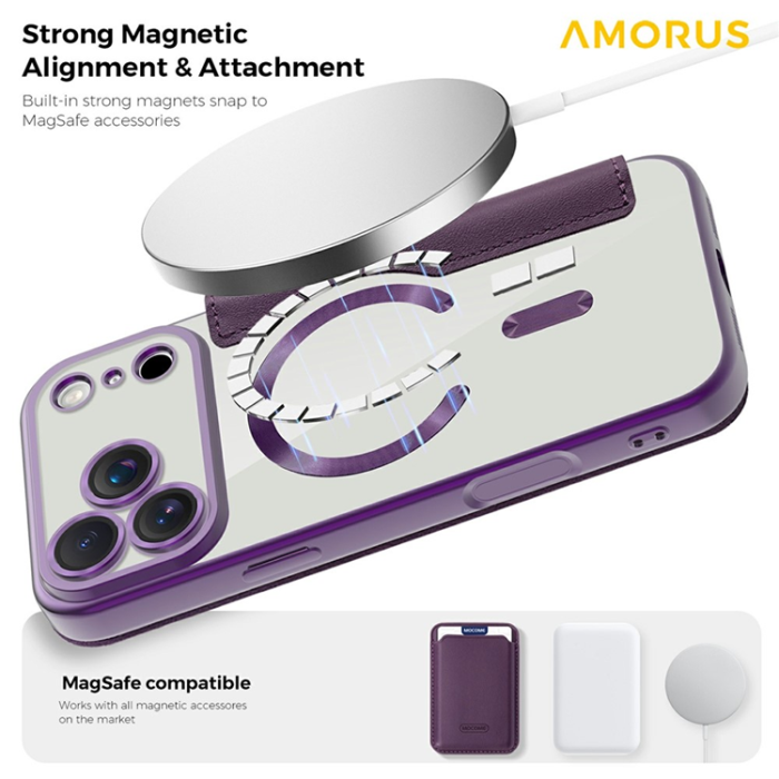 Amorus - AMORUS iPhone 17 Pro Plånboksfodral MagSafe RFID - Mörklila