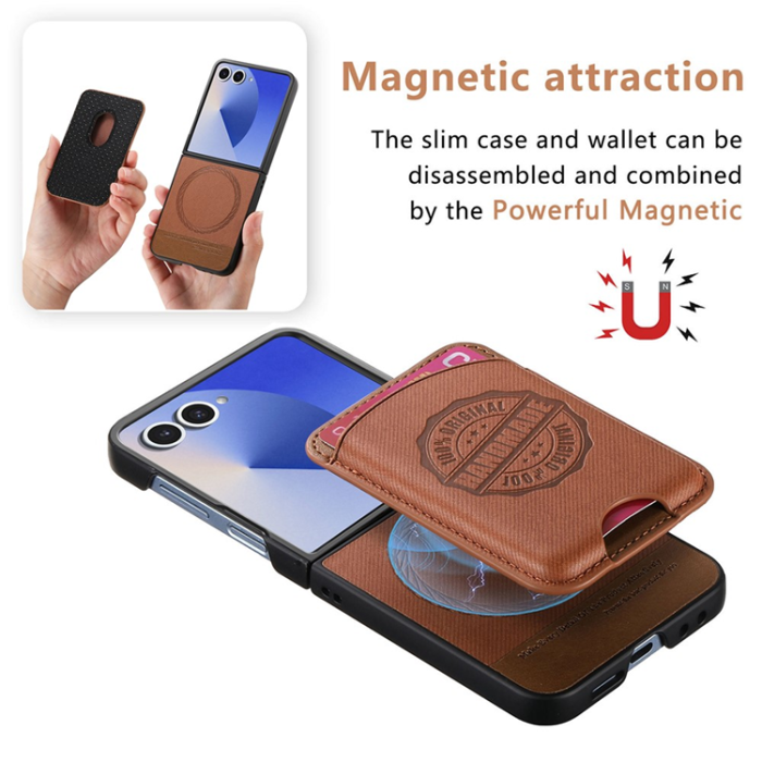 A-One Brand - Galaxy Z Flip 7 Mobilskal MagSafe Korthållare Denim Läder - Brun