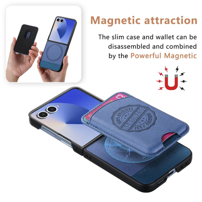 A-One Brand - Galaxy Z Flip 7 Mobilskal MagSafe Korthållare Denim Läder - Blå
