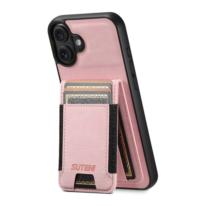 SUTENI - SUTENI iPhone 16 Mobilskal Korthållare Litchi Läder - Rosa