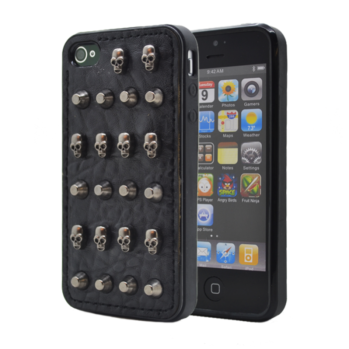 OEM - Studded leather pattern FlexiSkal till Apple iPhone 4S/4 (Point Skulls)