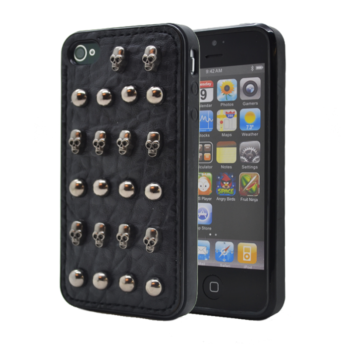 OEM - Studded leather pattern FlexiSkal till Apple iPhone 4S/4 (Dot Skulls)
