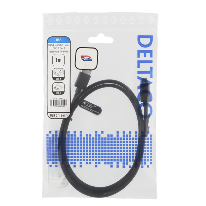 UTGATT1 - Deltaco Gen1 USB-A till USB-C 3A 60W Kabel 1m - Svart