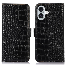 A-One Brand - iPhone 17 Plånboksfodral Äkta Läder Crocodile - Svart