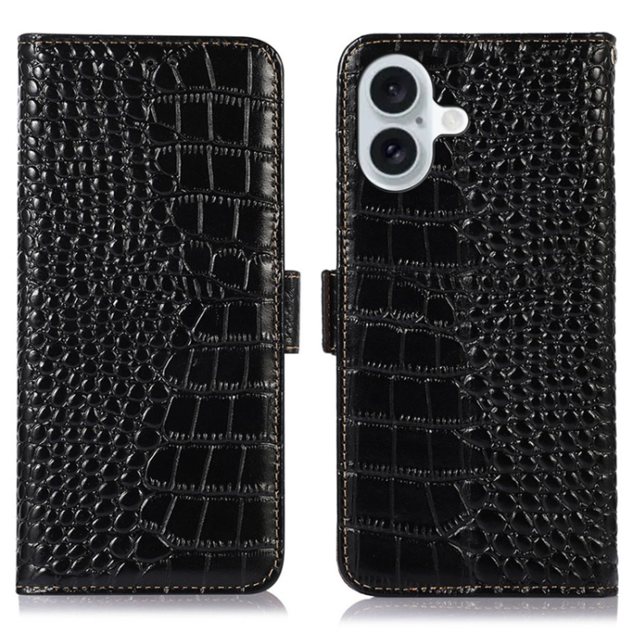 A-One Brand - iPhone 17 Plånboksfodral Äkta Läder Crocodile - Svart