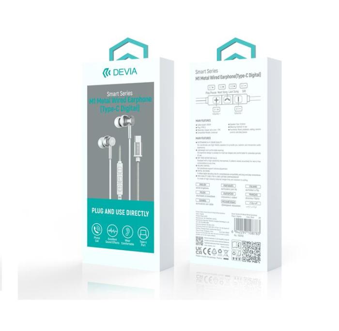 Devia - Devia In-Ear Trådbundna Hörlurar USB-C Smart M1 Digital Metal - Silver