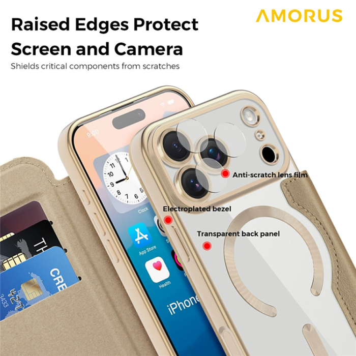 Amorus - AMORUS iPhone 17 Pro Plånboksfodral MagSafe RFID - Guld