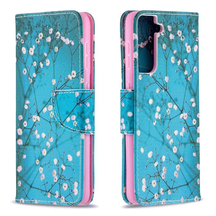 OEM - Plånboksfodral till Samsung Galaxy S21 Ultra - Gröna Blommor