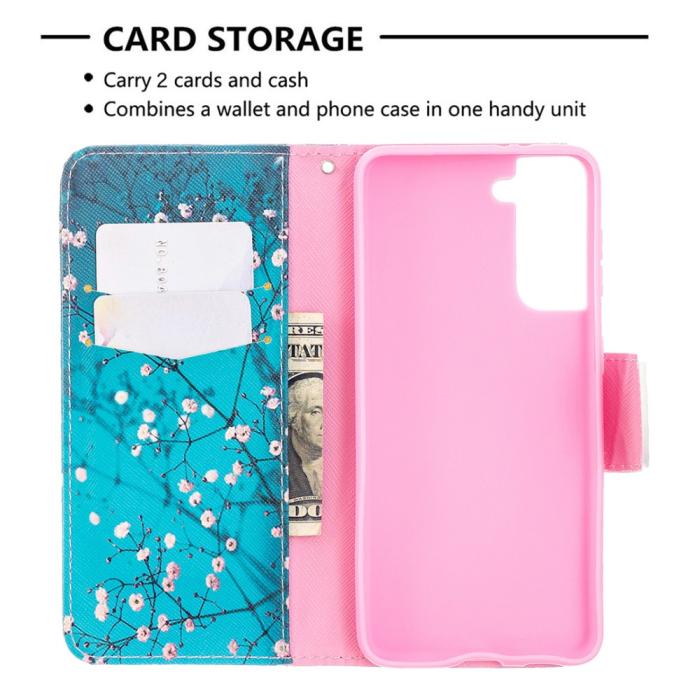 OEM - Plånboksfodral till Samsung Galaxy S21 Ultra - Gröna Blommor