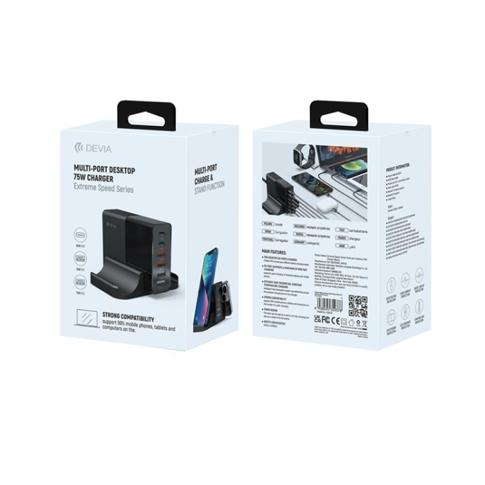 Devia - Devia Väggladdare 75W 4xUSB-A 2xUSB-C Extreme - Svart