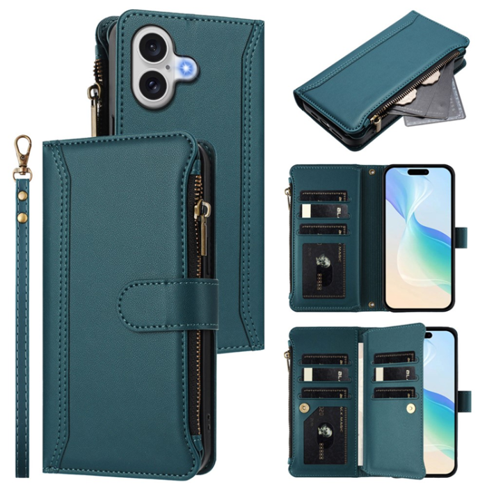 A-One Brand - iPhone 17 Plånboksfodral Zipper Med Rem - Mörkgrön