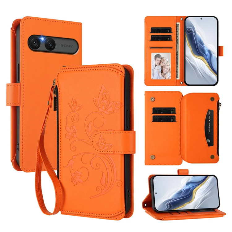 Sony Xperia 10 VII Konstläder Plånboksfodral Butterfly Floral - Orange | 2353 | AlltMobil