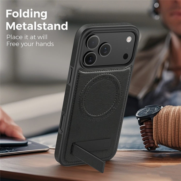 A-One Brand - iPhone 17 Pro Mobilskal MagSafe Kickstand Läder - Svart