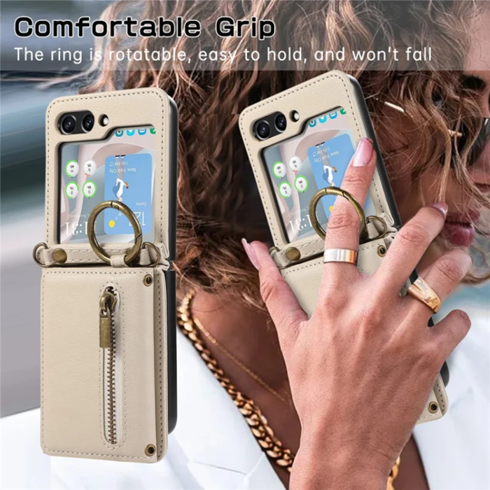 A-One Brand - Galaxy Z Flip7 Plånboksfodral Zipper Kickstand med Axelrem - Beige