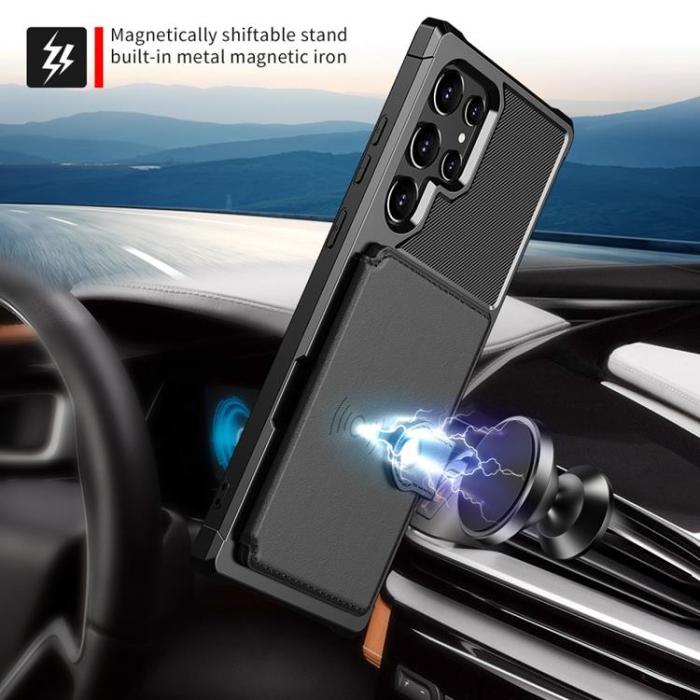 A-One Brand - Läder Korthållare Skal Galaxy S22 Ultra 5G - Svart