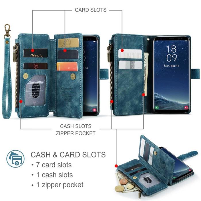 Caseme - CASEME Konstläder Plånboksfodral för Samsung Galaxy S22 5G med rem - Blå