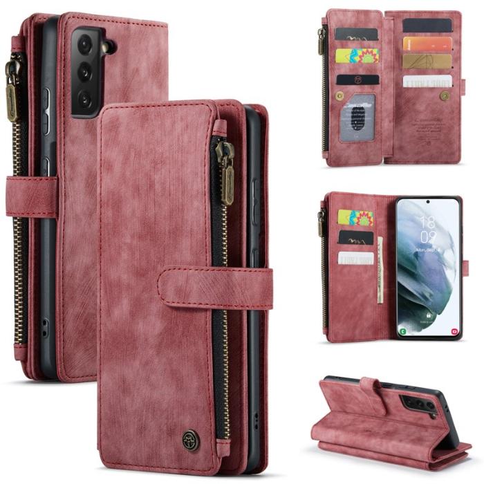 Caseme - CASEME Konstläder Plånboksfodral för Samsung Galaxy S22 5G med rem - Röd