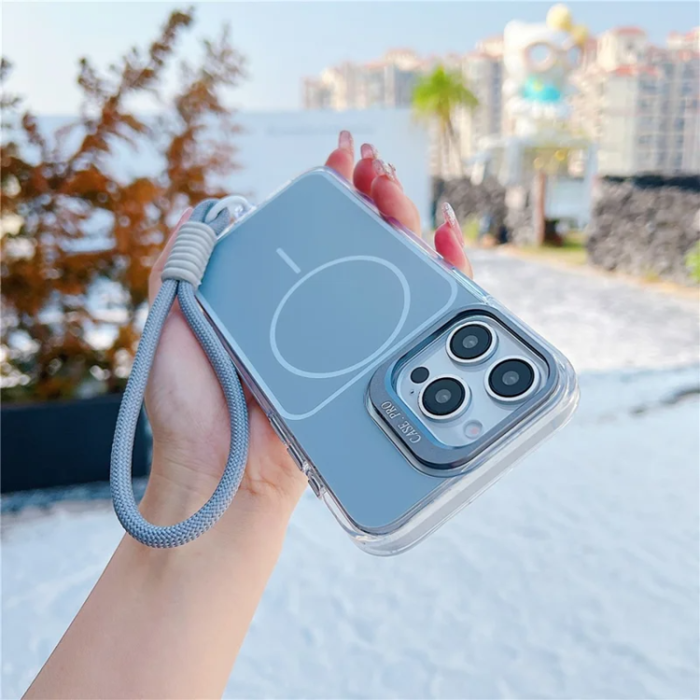 A-One Brand - iPhone 15 Pro Mobilskal MagSafe Lens Kickstand med Handrem - Grå