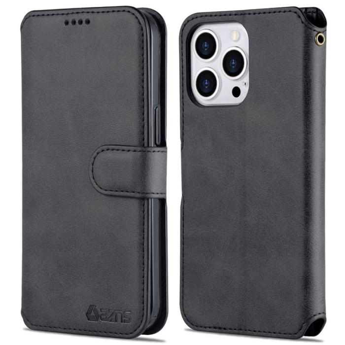 AZNS - AZNS iPhone 14 Pro Plånboksfodral Konstläder - Full Skydd - Svart