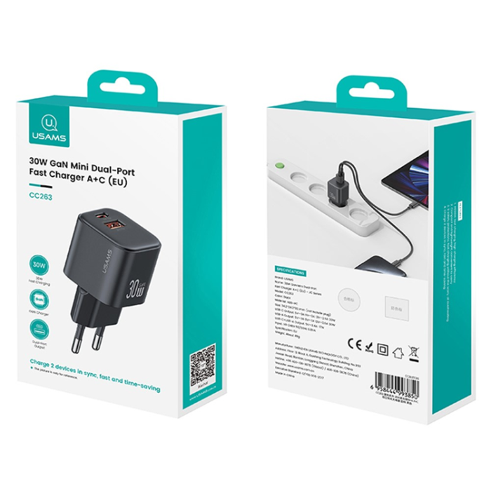 USAMS - USAMS GaN Snabbladdare USB-A - USB-C 30W CC263 Mini - Svart