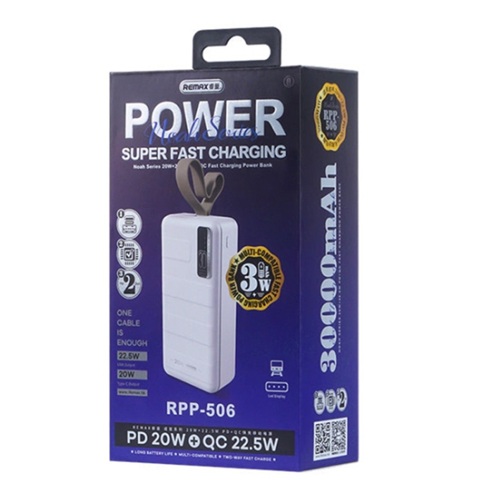 Remax - REMAX Powerbank 30000mAh 20W/22.5W PD QC RPP-506 med LED Blå