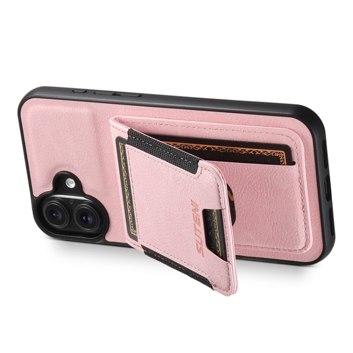 SUTENI - SUTENI iPhone 16 Mobilskal Korthållare Litchi Läder - Rosa