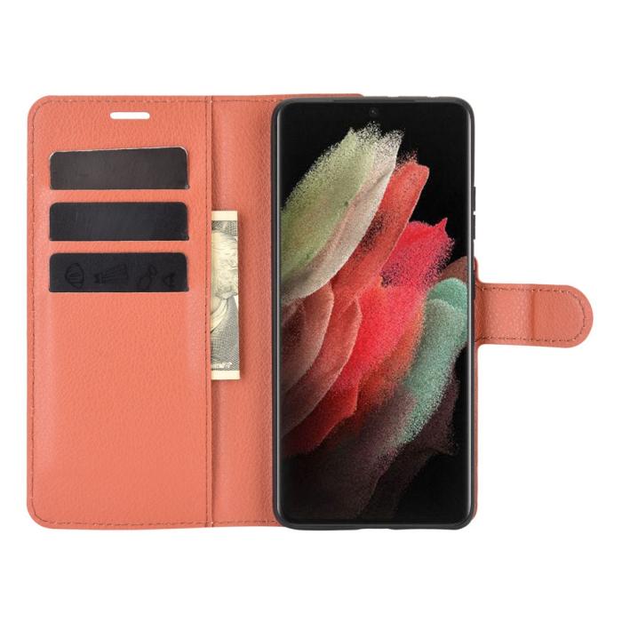 A-One Brand - Litchi Plånboksfodral till Samsung Galaxy S21 Ultra - Brun