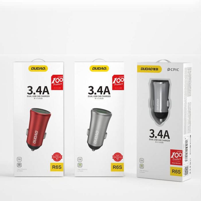 Dudao - Dudao 3,4A Universal Smart Billaddare 2x USB Silver R6S Silver