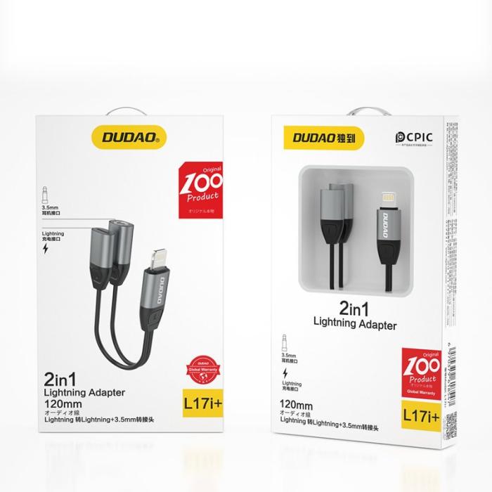 UTGATT1 - Dudao Adapter lightning - lightning + 3,5 mm mini jack Grå