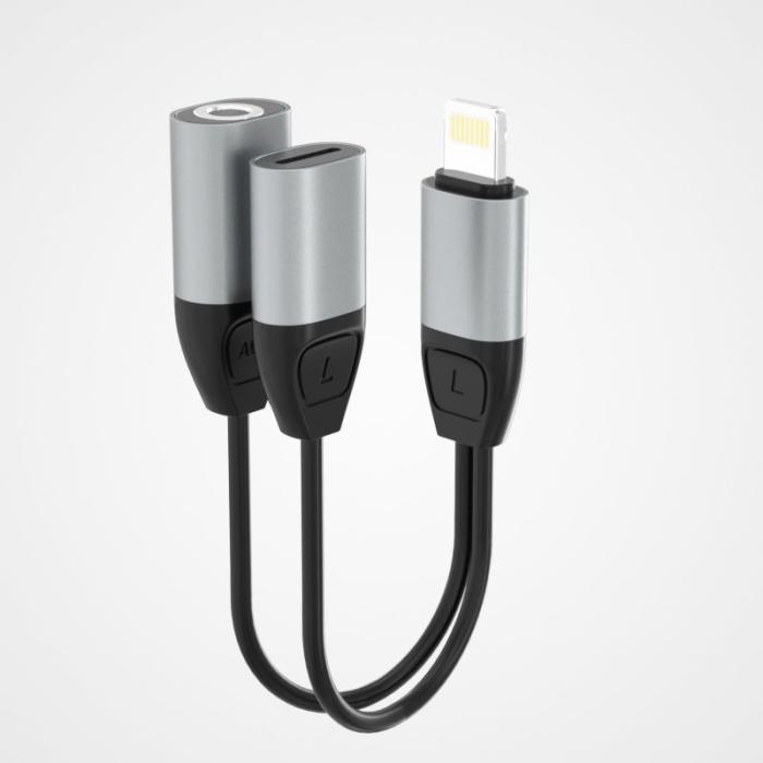 UTGATT1 - Dudao Adapter lightning - lightning + 3,5 mm mini jack Grå