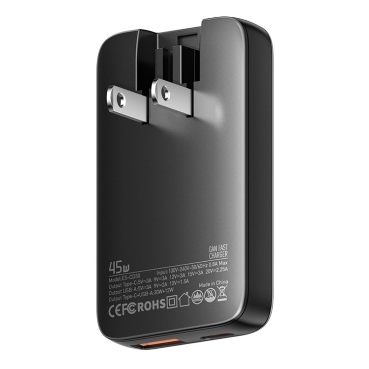 ESSAGER GaN Snabbladdare 45W USB-C - USB-A ES-CD50 US - Svart | 505295 | AlltMobil
