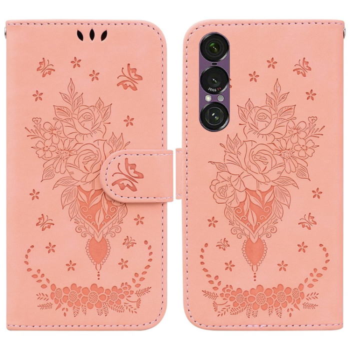 A-One Brand - Sony Xperia 1 VII Plånboksfodral Butterfly och Flower Pattern - Rosa