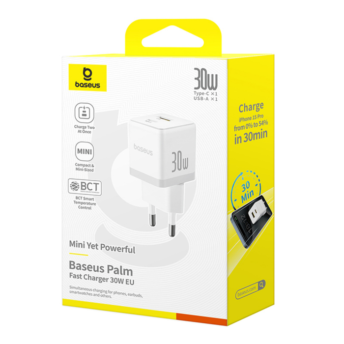 BASEUS - Baseus Snabbladdare USB-C - USB-A 30W Palm - Vit