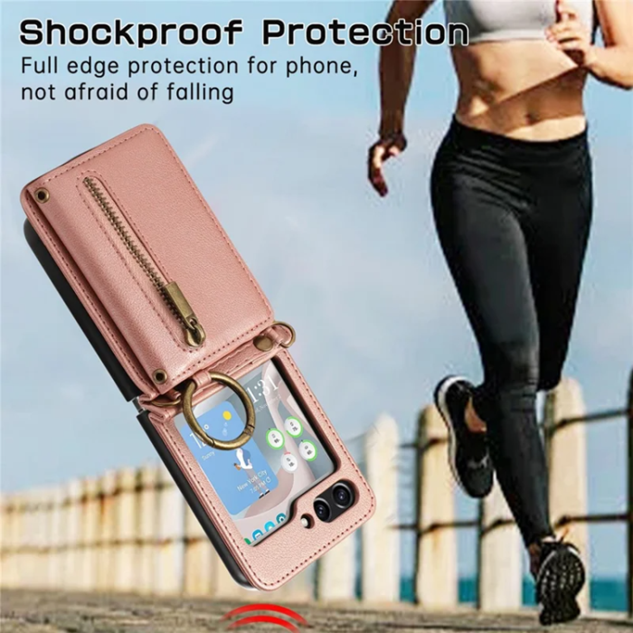 A-One Brand - Galaxy Z Flip7 Plånboksfodral Zipper Kickstand med Axelrem - Rosa Guld