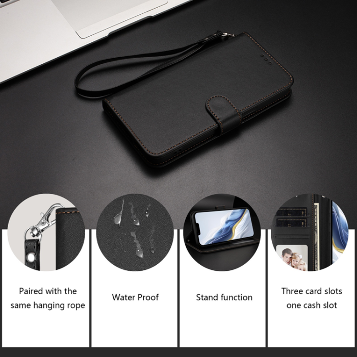A-One Brand - iPhone 16 Pro Max Plånboksfodral Läder med Handledsrem - Svart