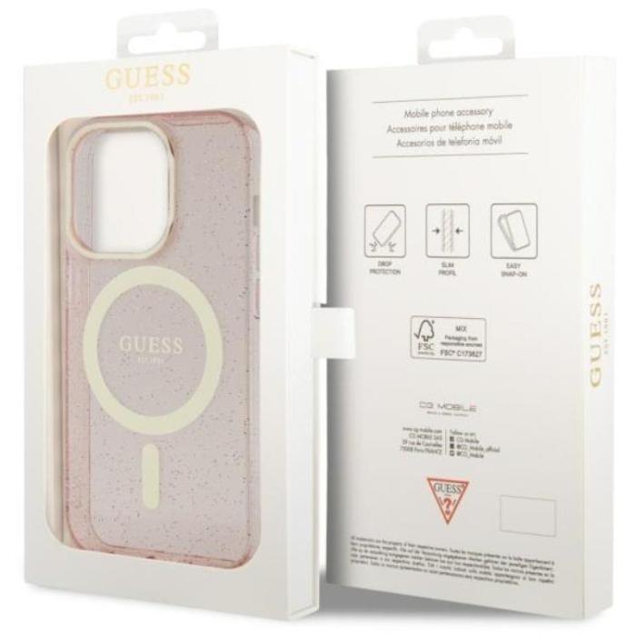 Guess - Guess iPhone 14 Pro Mobilskal MagSafe Glitter Guld - Rosa