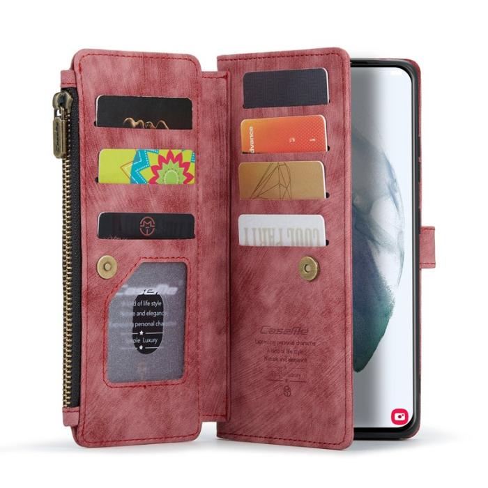 Caseme - CASEME Konstläder Plånboksfodral för Samsung Galaxy S22 5G med rem - Röd