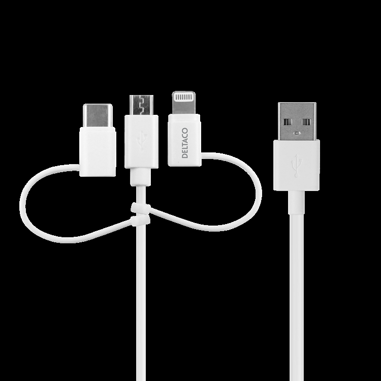 Deltaco 3in1 microUSB Typ-C Lightning Kabel 1 m - Vit | 3541 | AlltMobil