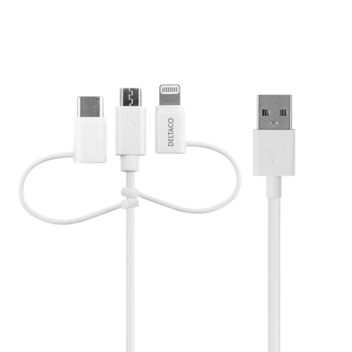 UTGATT1 - Deltaco 3in1 microUSB Typ-C Lightning Kabel 1 m - Vit