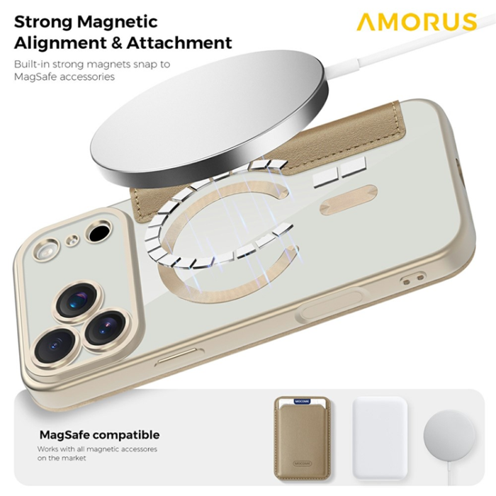 Amorus - AMORUS iPhone 17 Pro Plånboksfodral MagSafe RFID - Guld